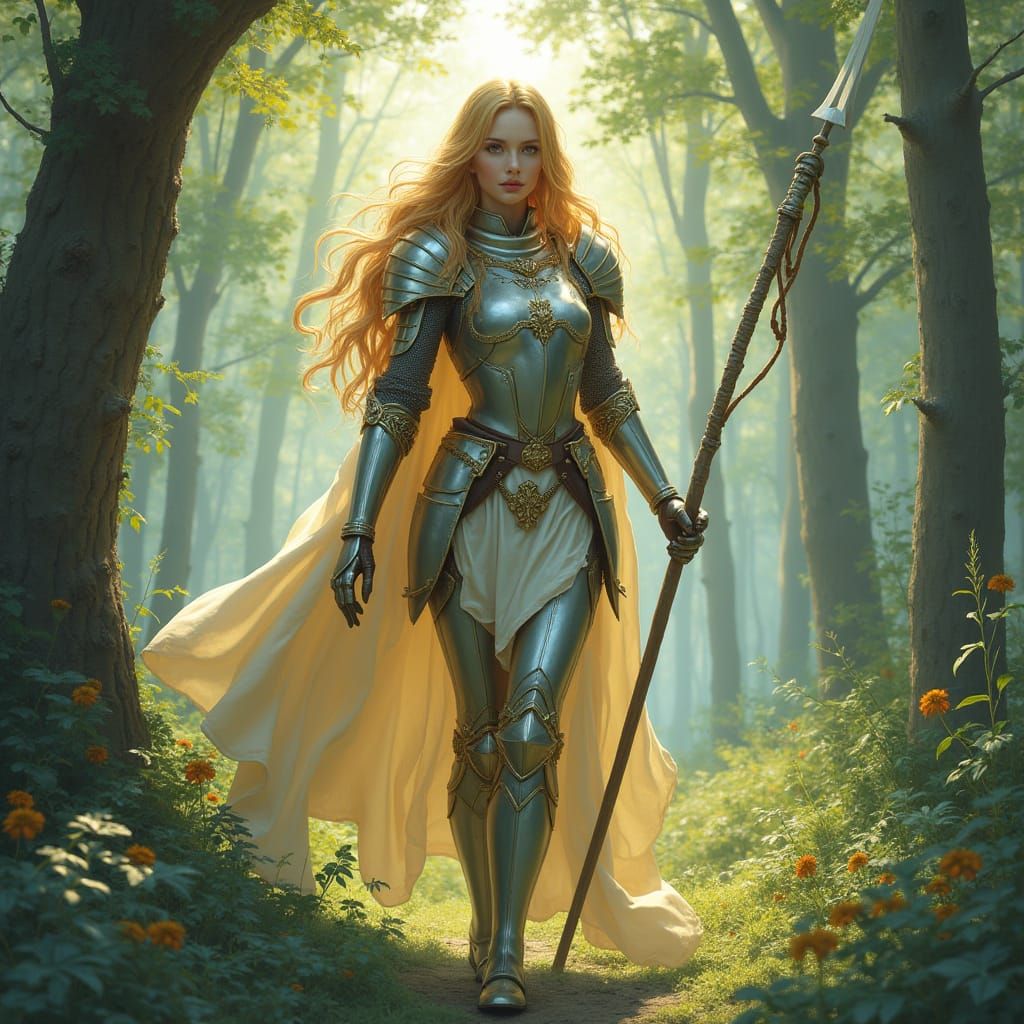 Goldmoon in Lush Forest: A Pastel Fantasy Illustration