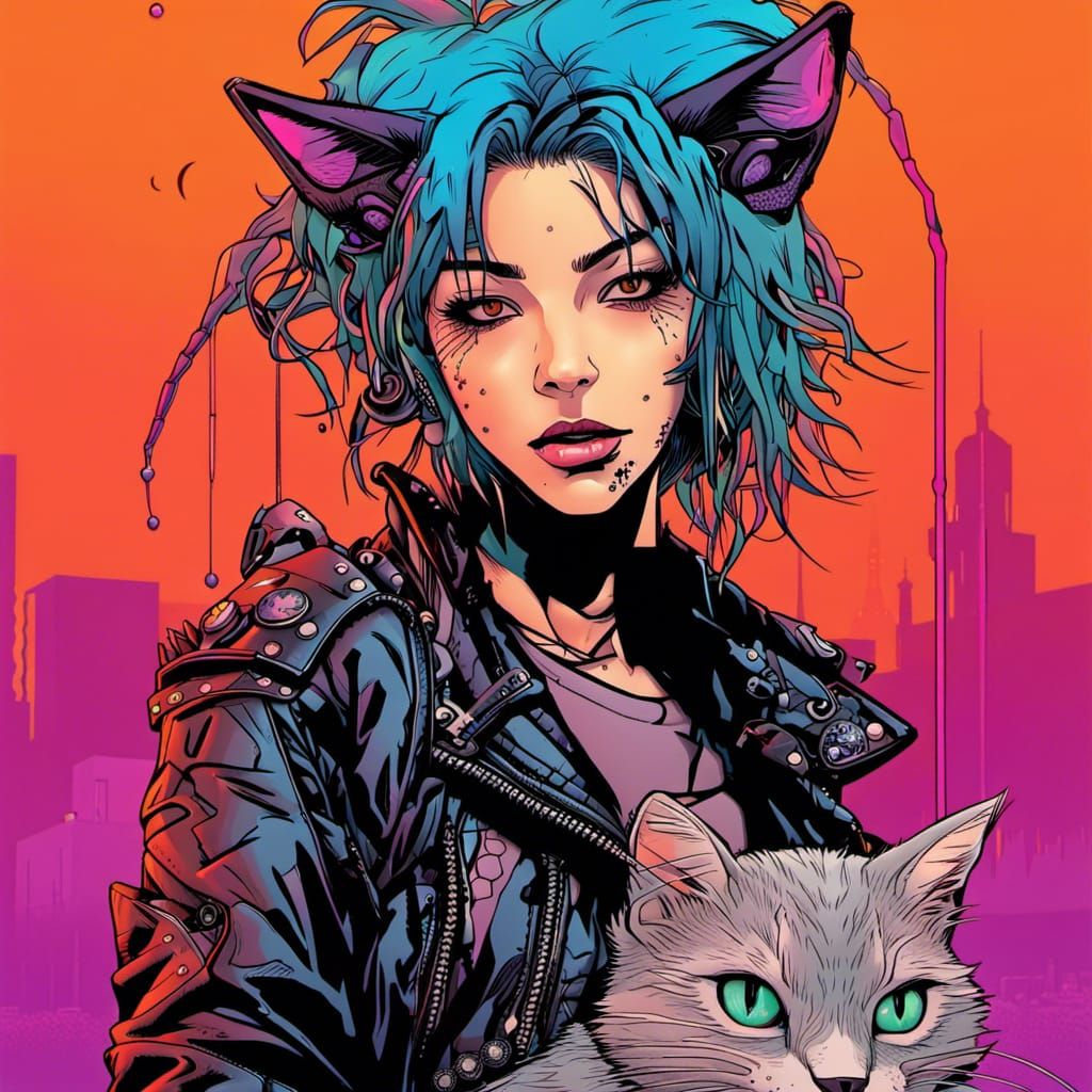 Cyberpunk Cyborg with Cat in Moebius Style