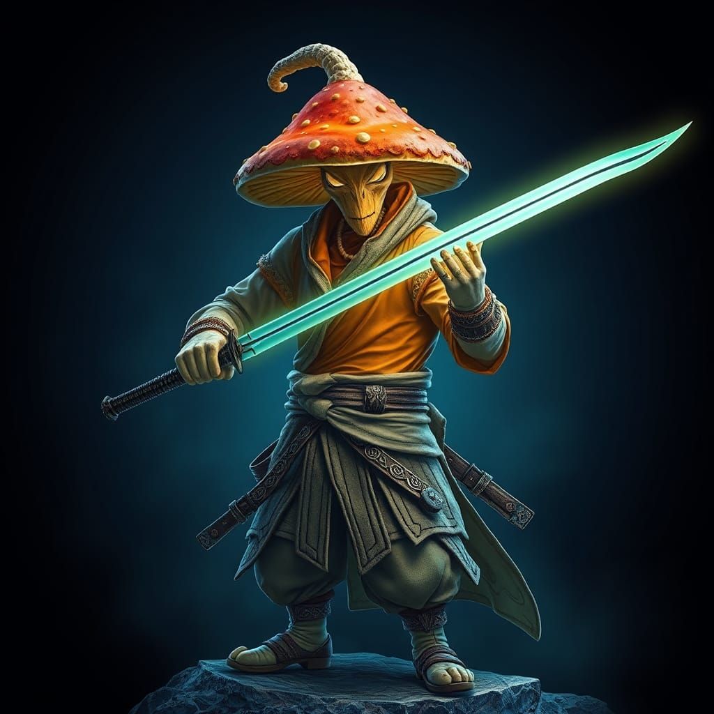 Mushroom Warrior with Bioluminescent Sword