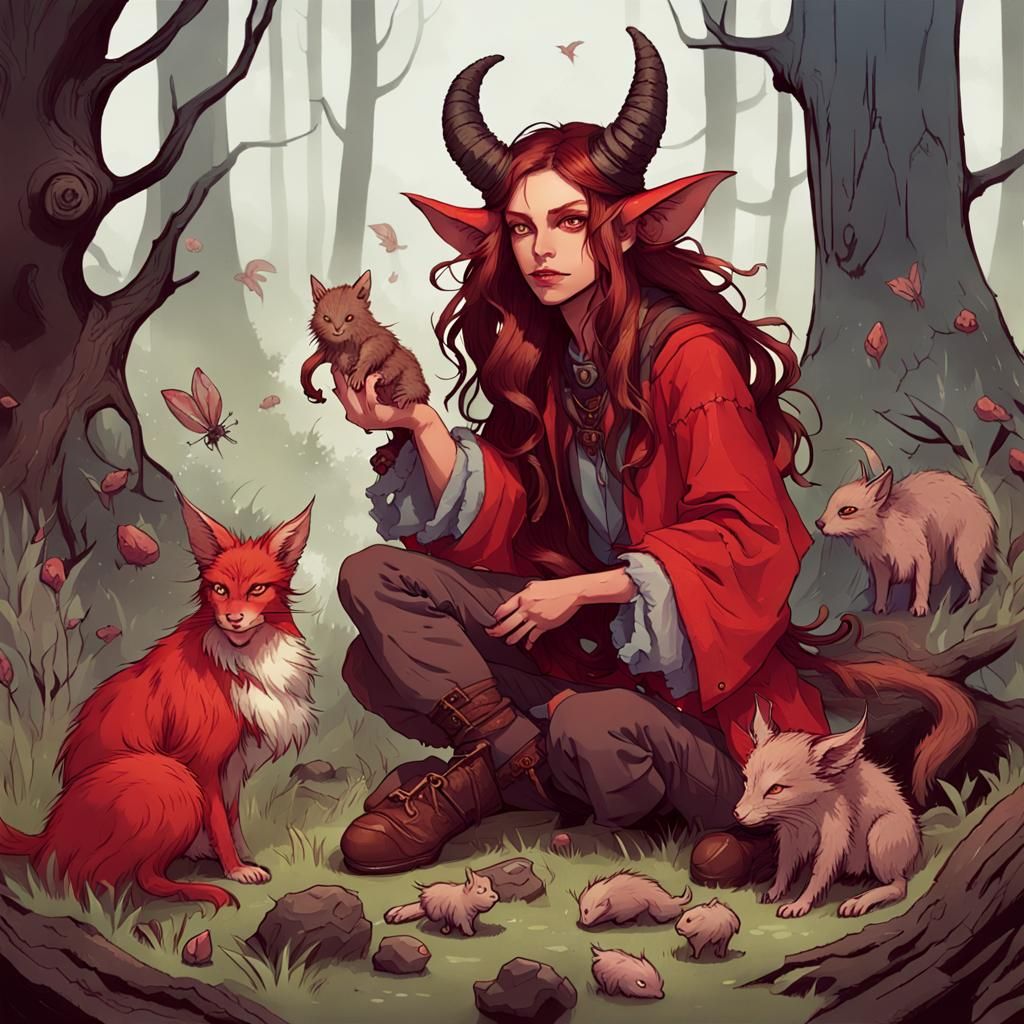 Tiefling Witch in Forest with Animals