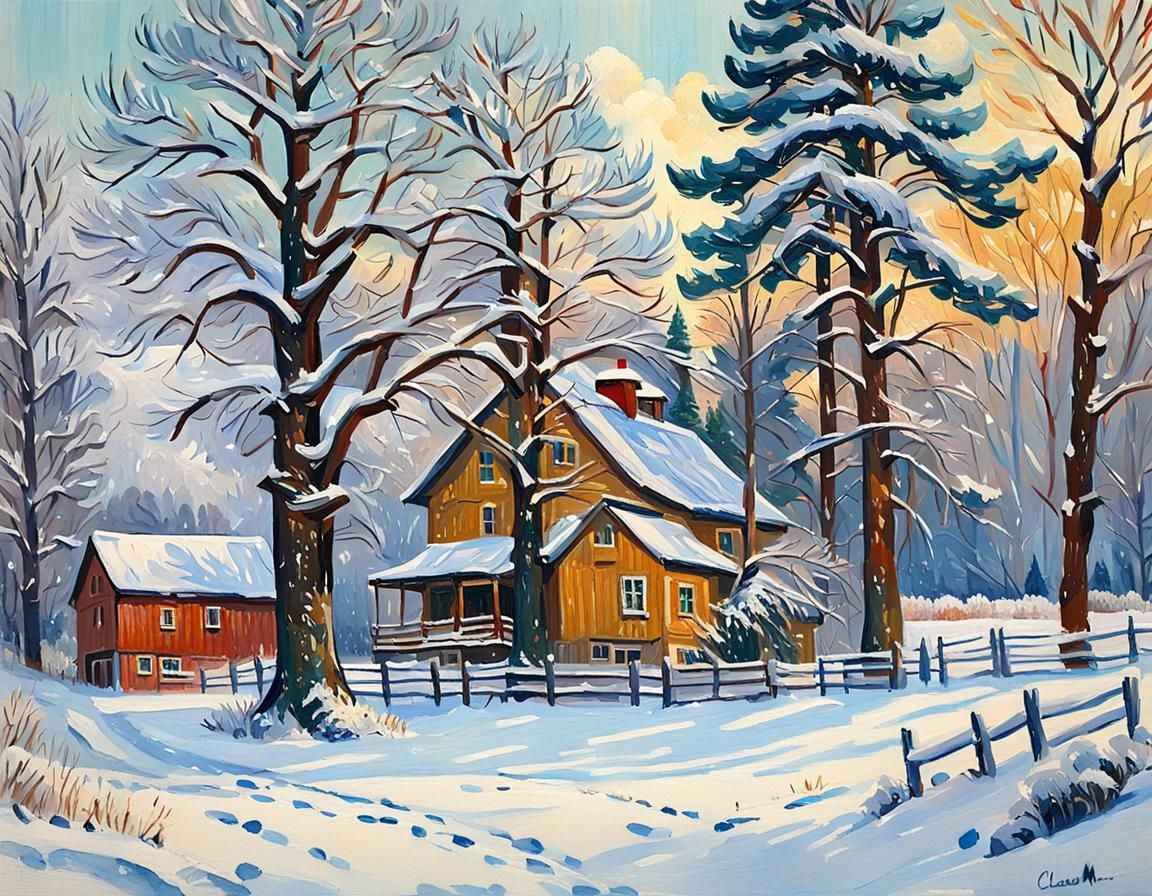 Impressionist Farmhouse in Snowy Wonderland with Gouache Bru...