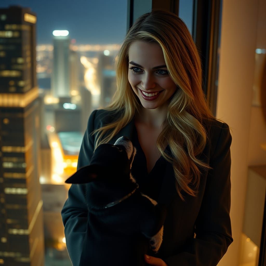 Woman and Chihuahua in Highrise Apartment, Cinematic Style