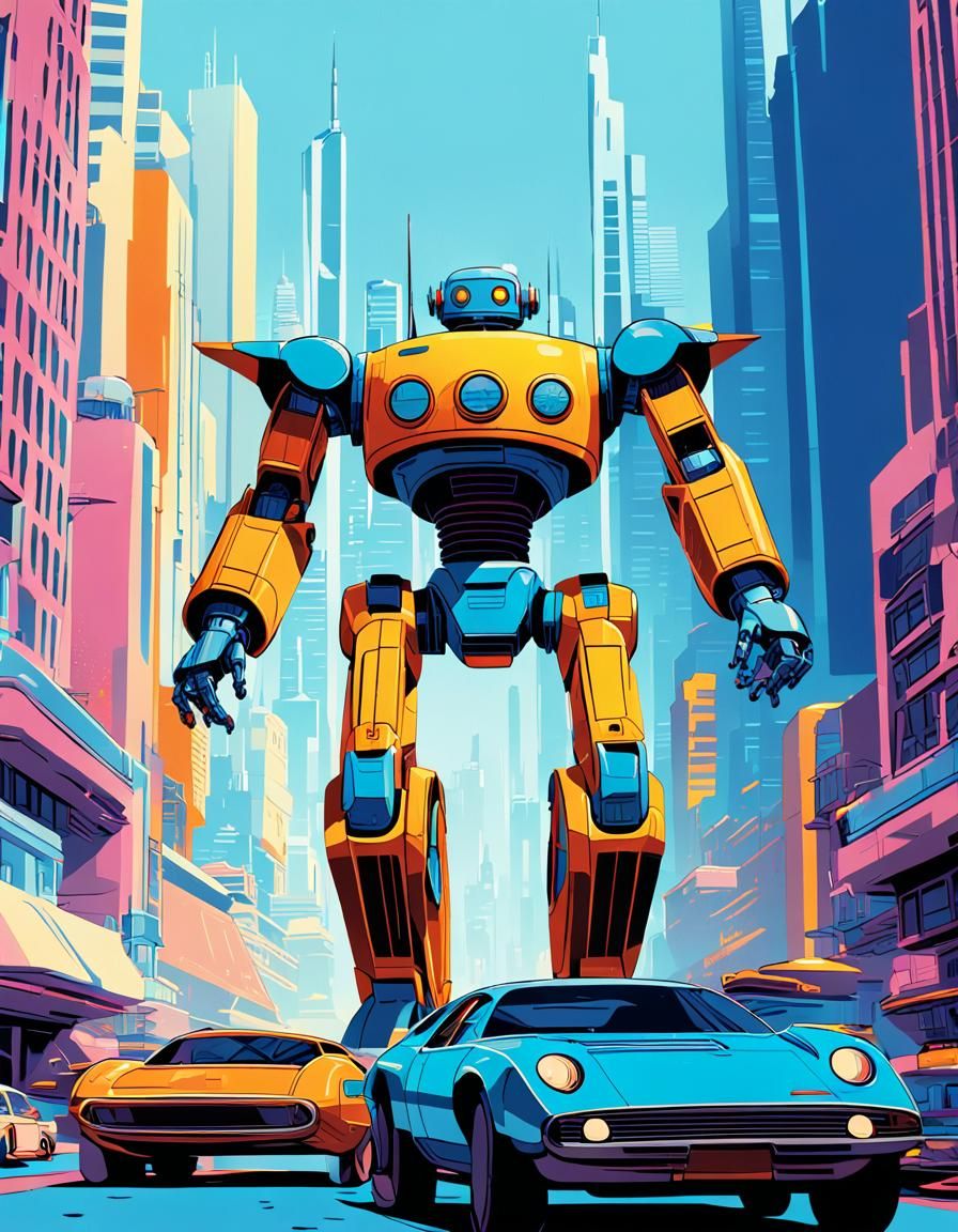 Vintage Robot Runs in Dystopian City, Pop Art