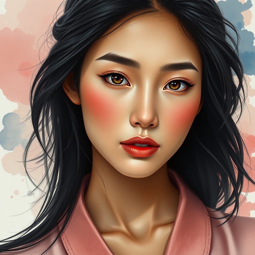 Hyper-Realistic Watercolor Portrait of a Young Mongolian Chi...