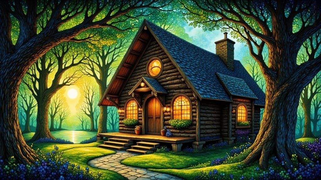 Magical Cabin in Ancient Forest: Pointillism Style
