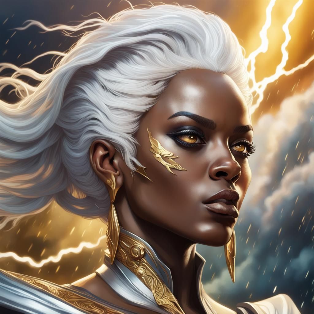 detailed Ororo Munroe, Storm, beautiful face, white hair, white eyes, gold accessories, Hyperrealistic, splash art, co...