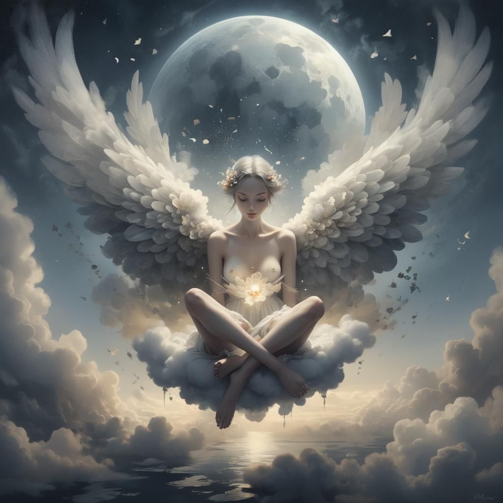 Ethereal Figure on Clouds in Surreal Digital Painting