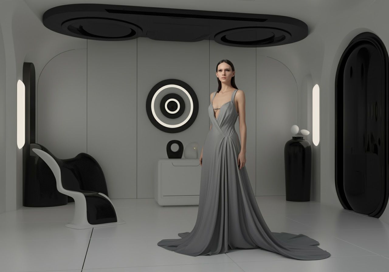 Elegant Woman in Minimalist Room, Digital Art Style