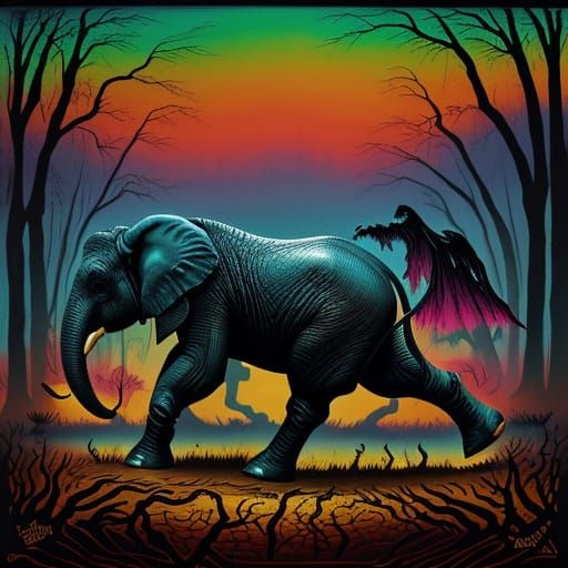 Surreal Elephant-Ostrich Hybrid in Dark Fantasy Style