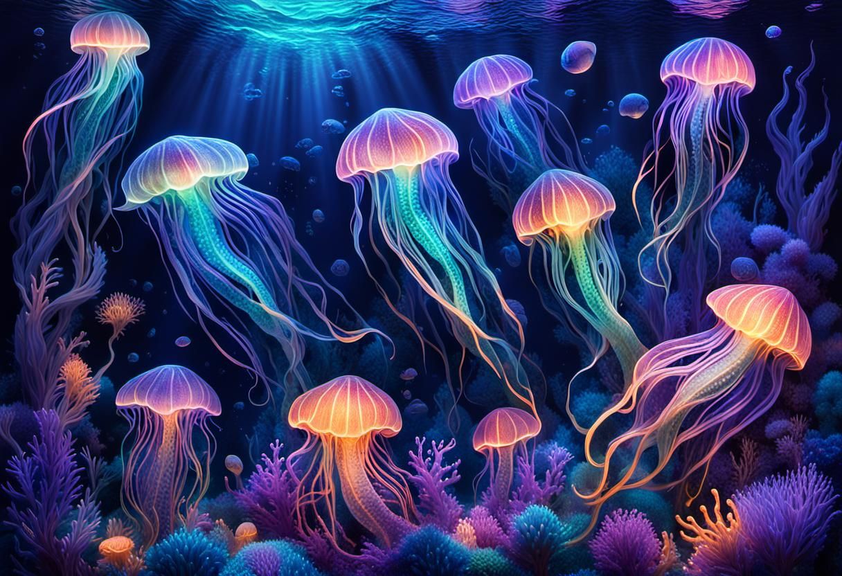 Bioluminescent Sea Creatures in Ethereal Underwater Scene