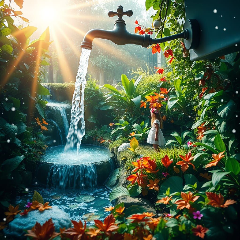 Surreal Four Seasons Landscape with Frozen Waterfall