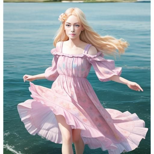 Girl Twirling in Water with Flowery Dress