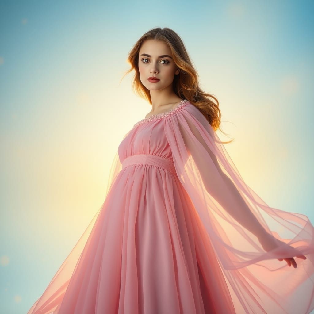 Ethereal Woman in Flowing Gown with Magic Particles