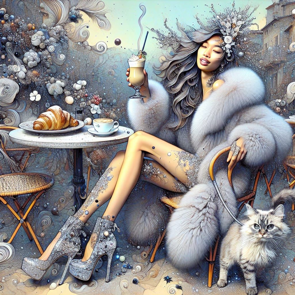 Bohemian Woman in Italian Cafe: Surreal Winter Scene