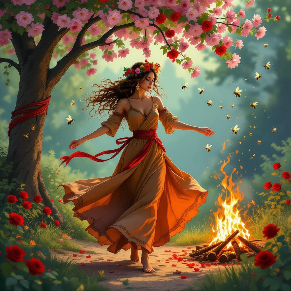 Beltane Woman Dancing Around Maypole with Roses