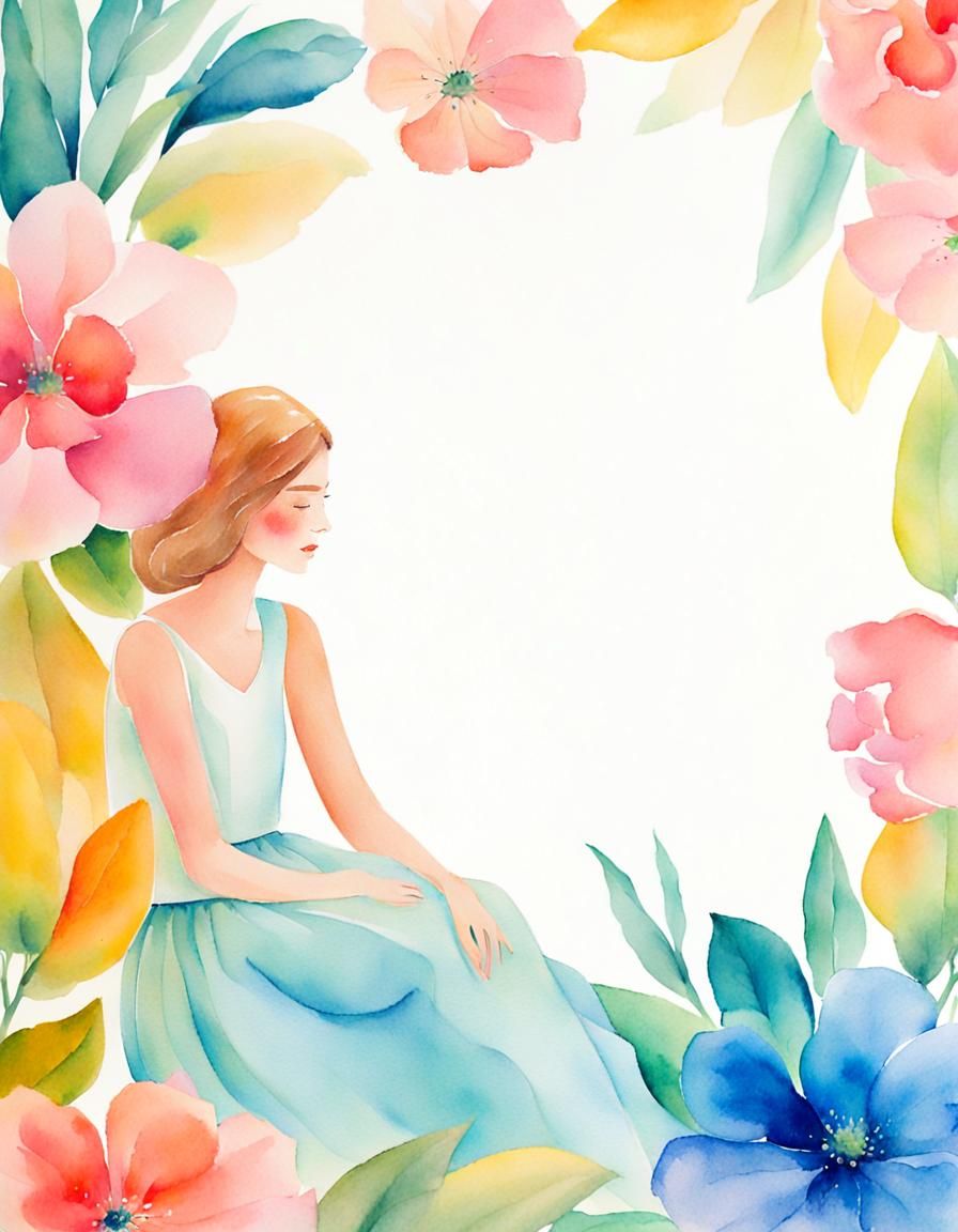 Soft Watercolor Portrait in a Vibrant Blooming Garden