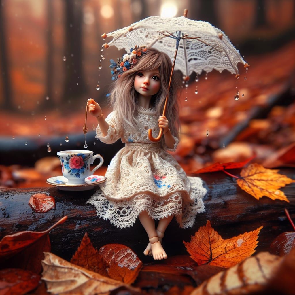 Whimsical Micro Woman in Lace Slip, Enjoying Rainy Autumn Sc...