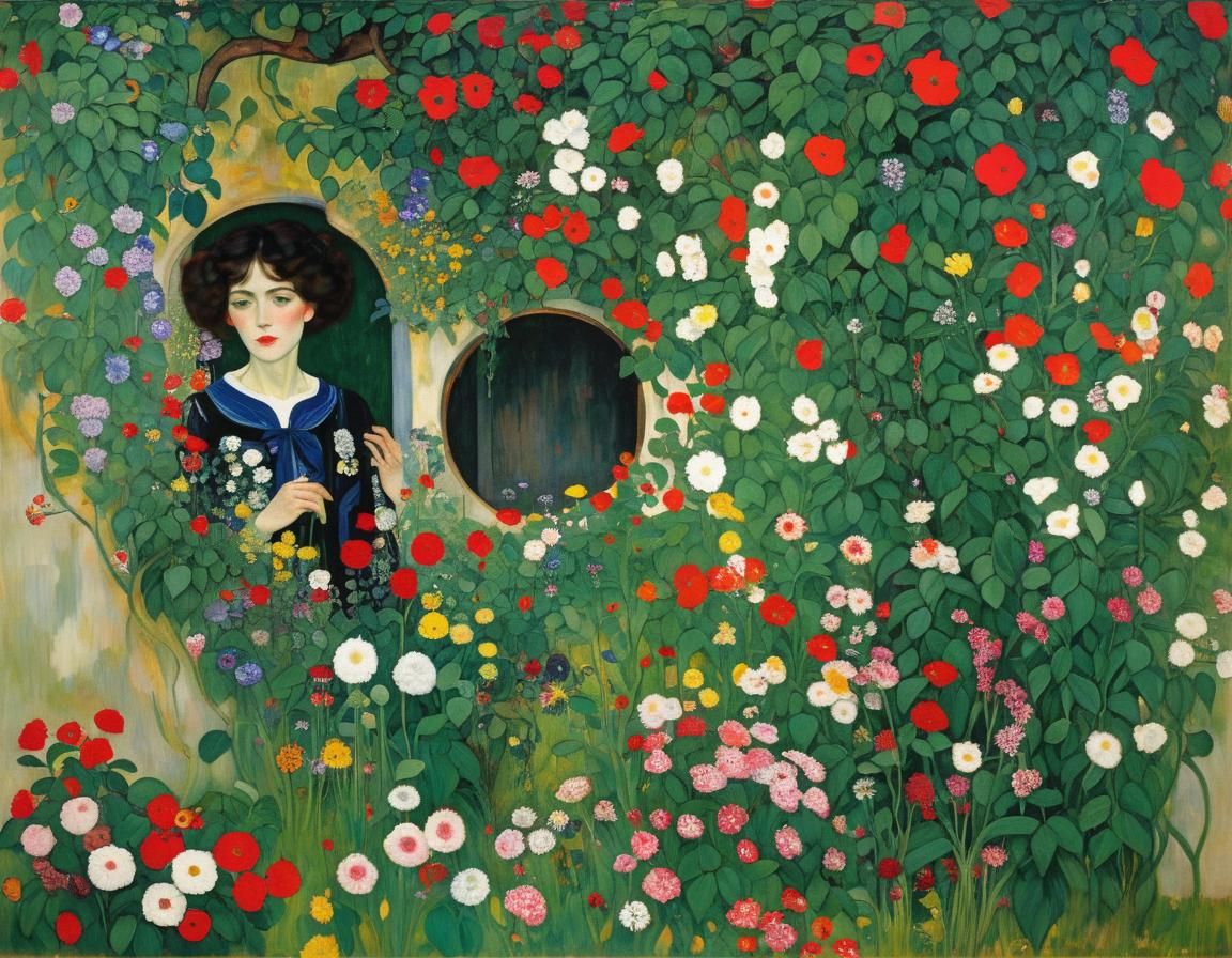 Blooming Garden Through a Wall, in Art Nouveau Style