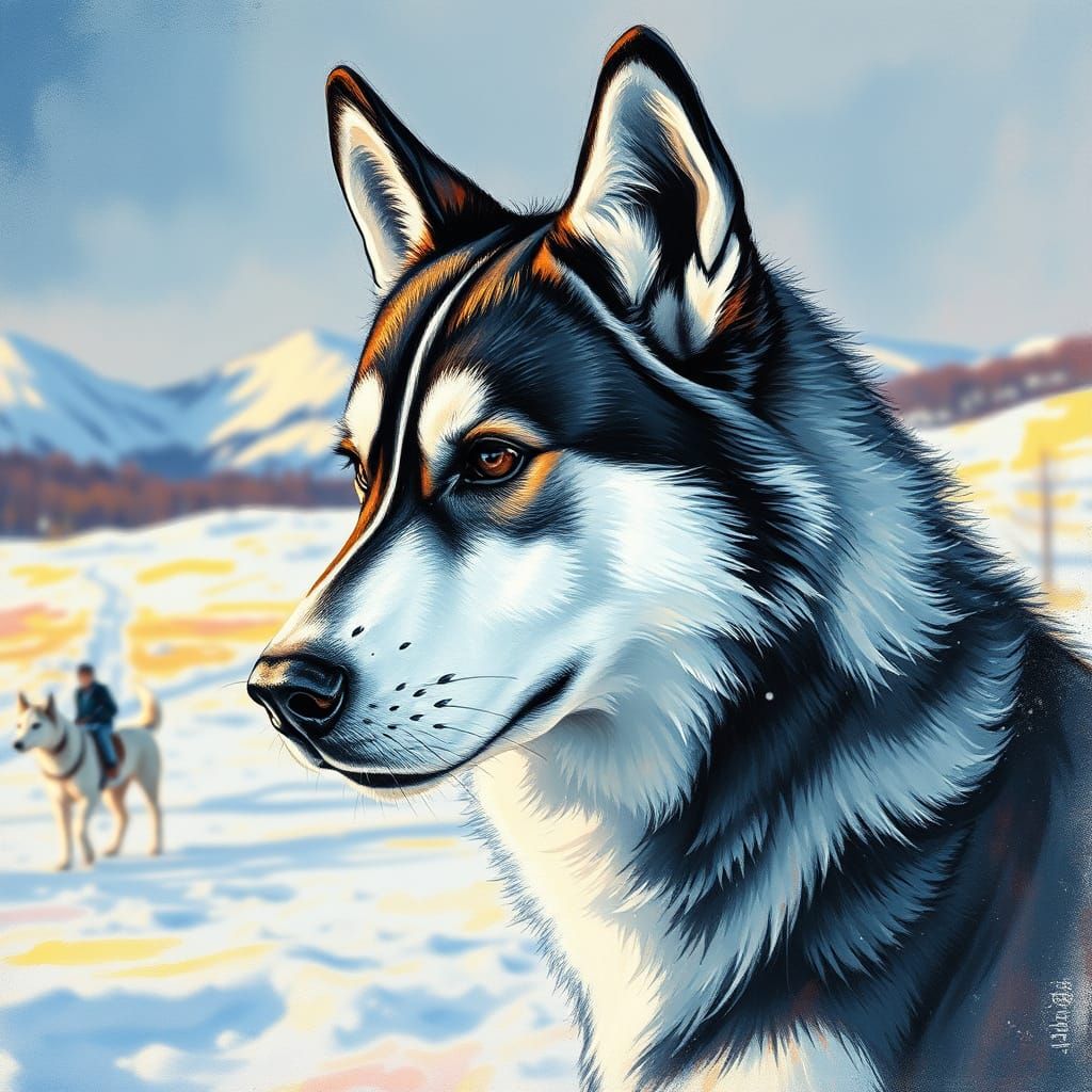 Majestic Husky in Snowy Landscape: Charcoal Gouache Art