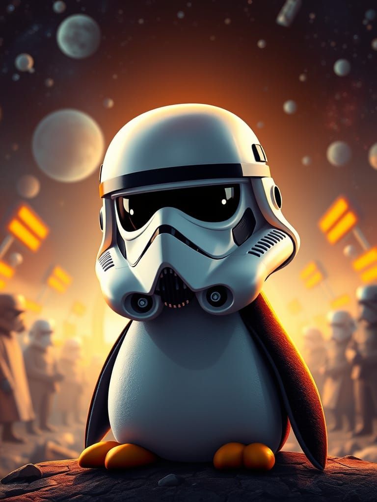 Cartoon Penguin in Stormtrooper Helmet Amidst Star Wars Land...