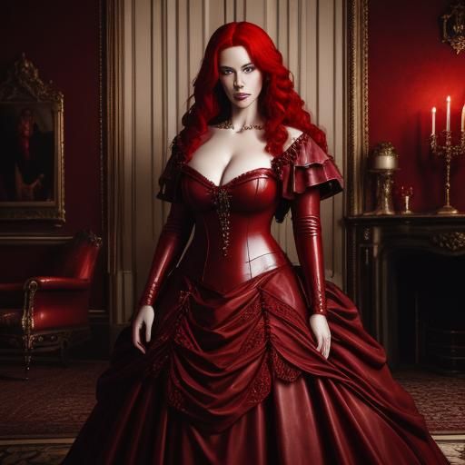 Young Woman in Red Gown, Hyperrealistic HDR Portrait