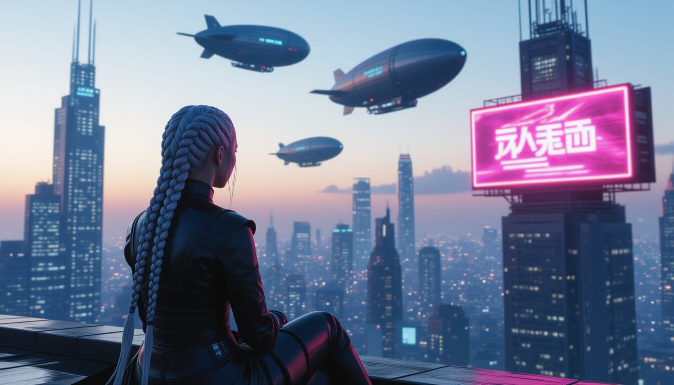 Cyberpunk Rooftop View with Blimps
