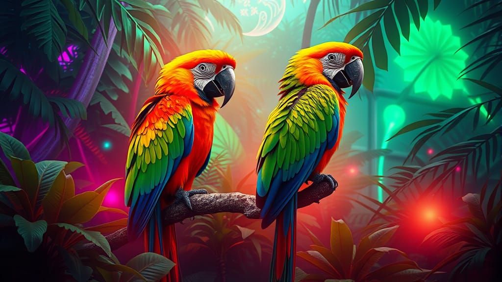 Macaws in Bioluminescent Rainforest: Psychedelic Stained Gla...