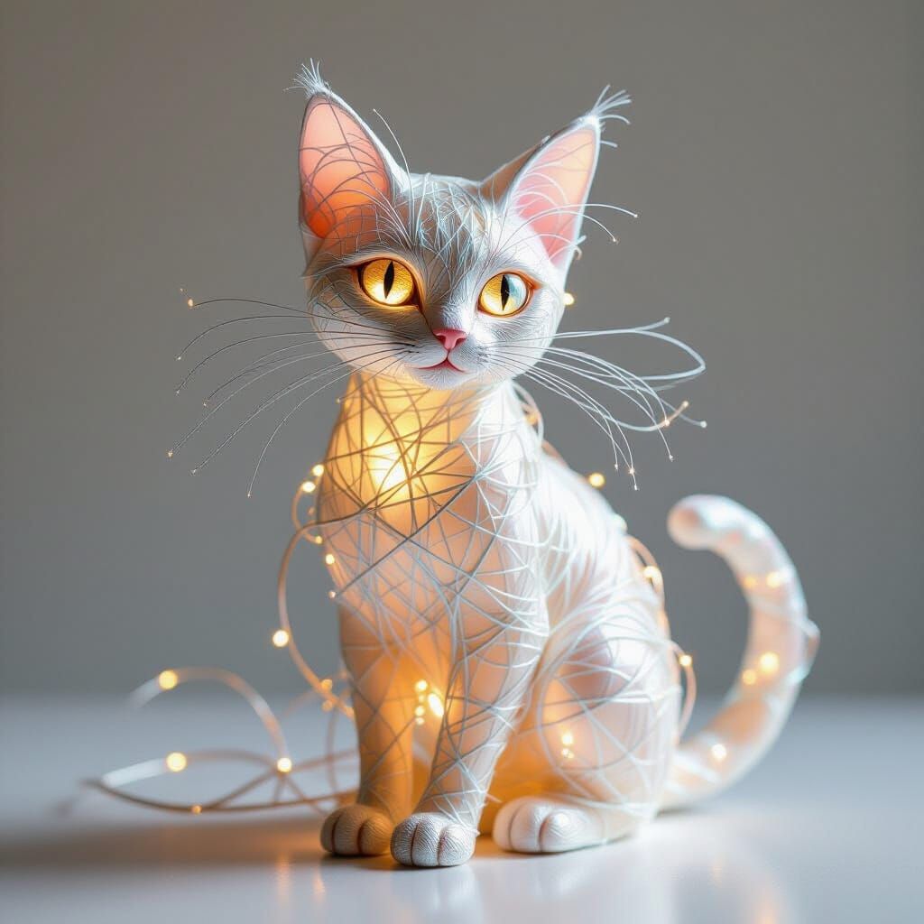 Iridescent String Cat Sculpture, Whimsical Art