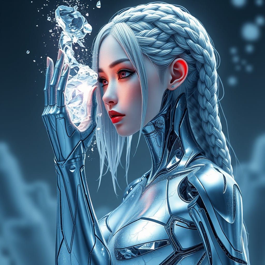 Frozen Cybernetic Goddess in Shimmering Silver Hair