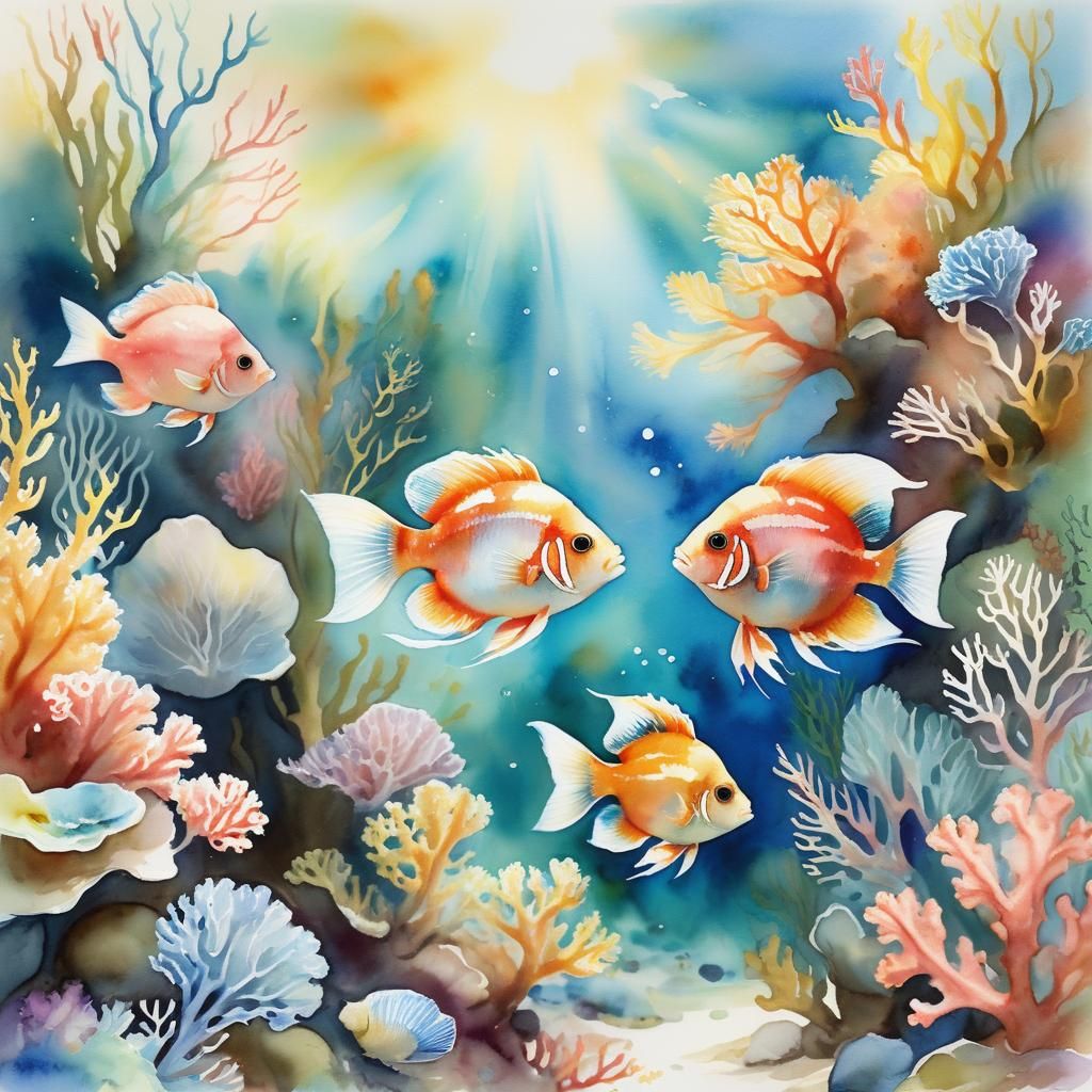Tropical Fish Swim Near Coral Reef Watercolour