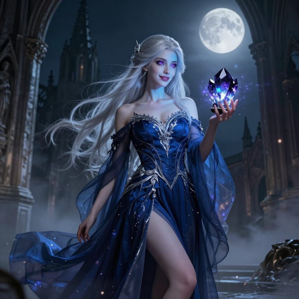 Gothic Sorceress Holding Crystal Orb in Ruined Cathedral