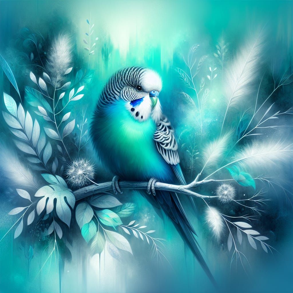 Blue Budgerigar in Dreamy Forest, Watercolor Art
