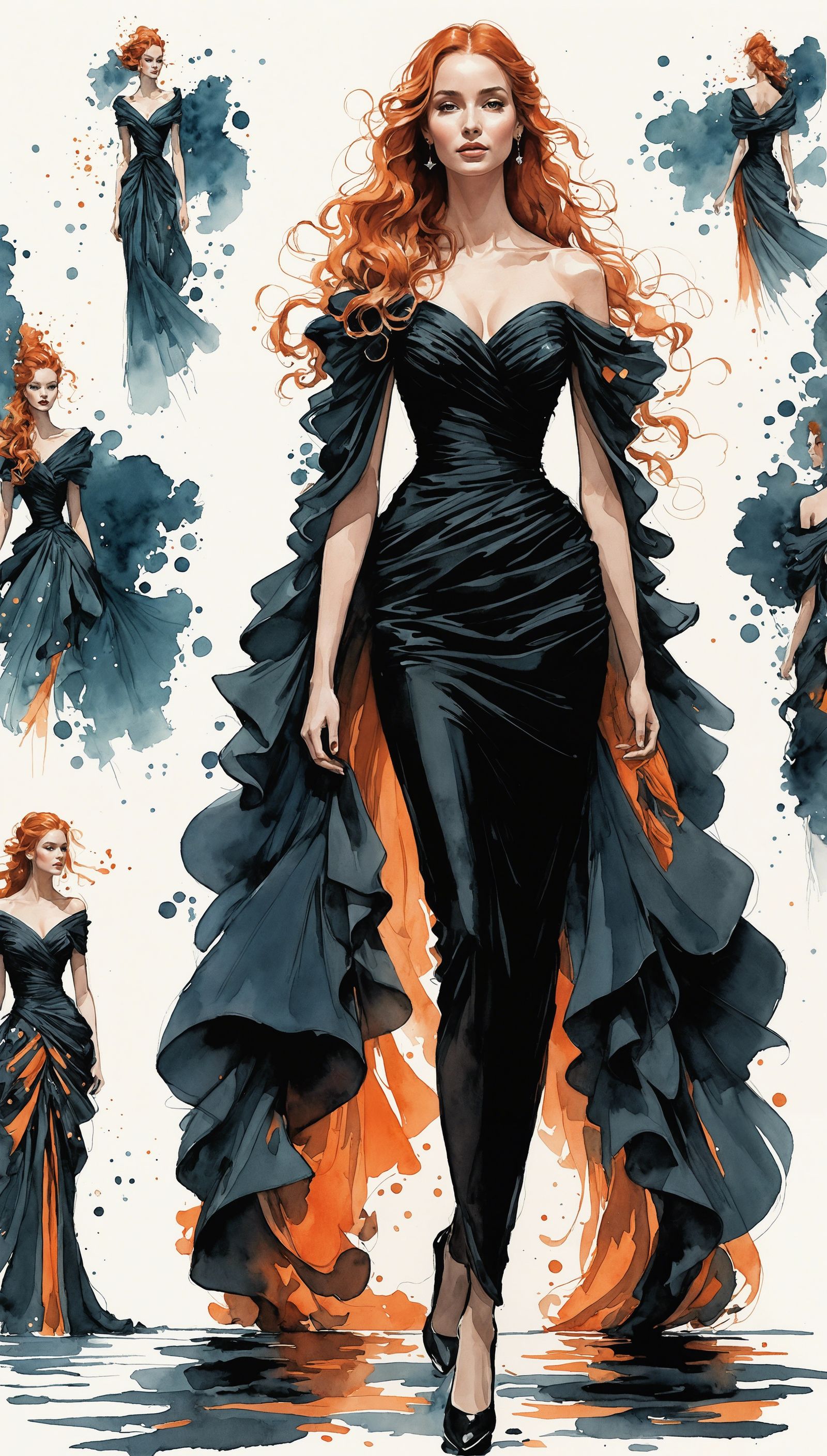 Fashion Sketch: Ethereal Figure in Orange Dress