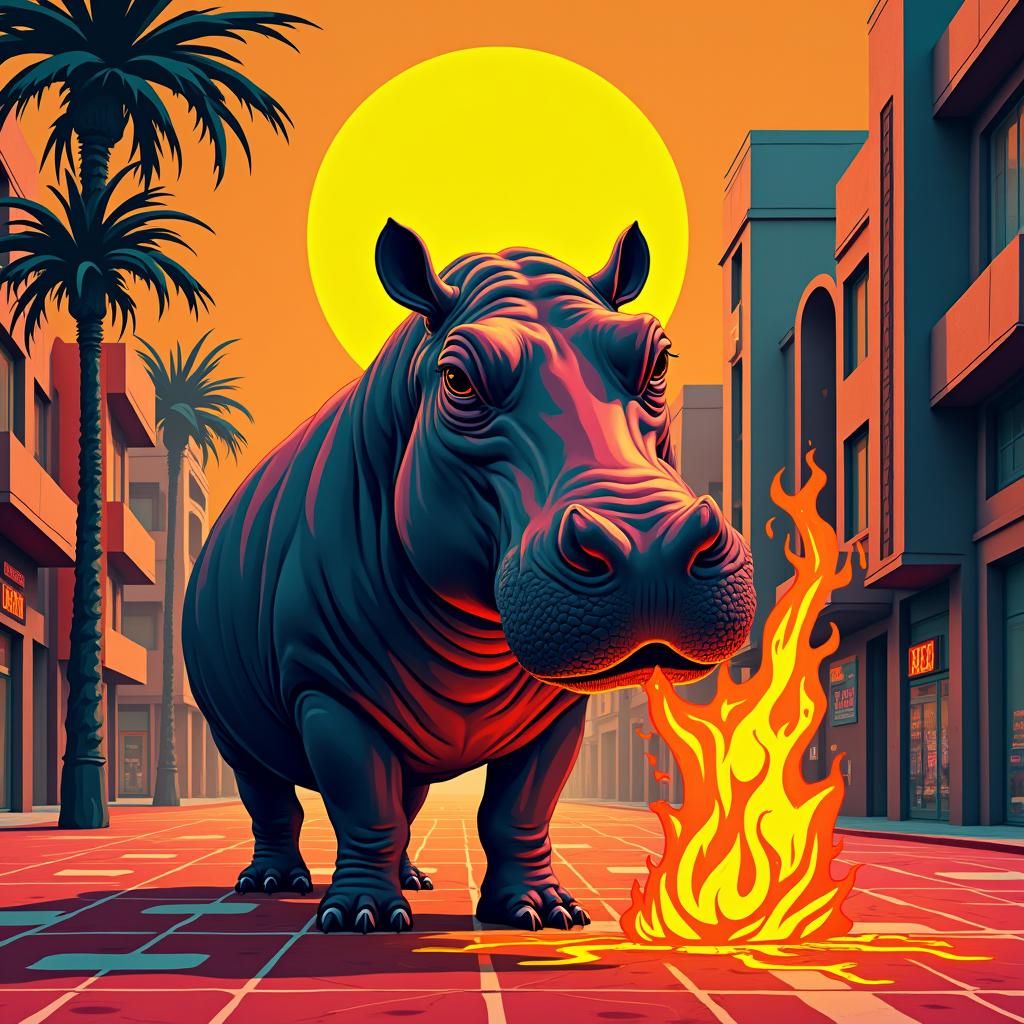 Hippo Consuming Flames in Bauhaus-Inspired Cityscape