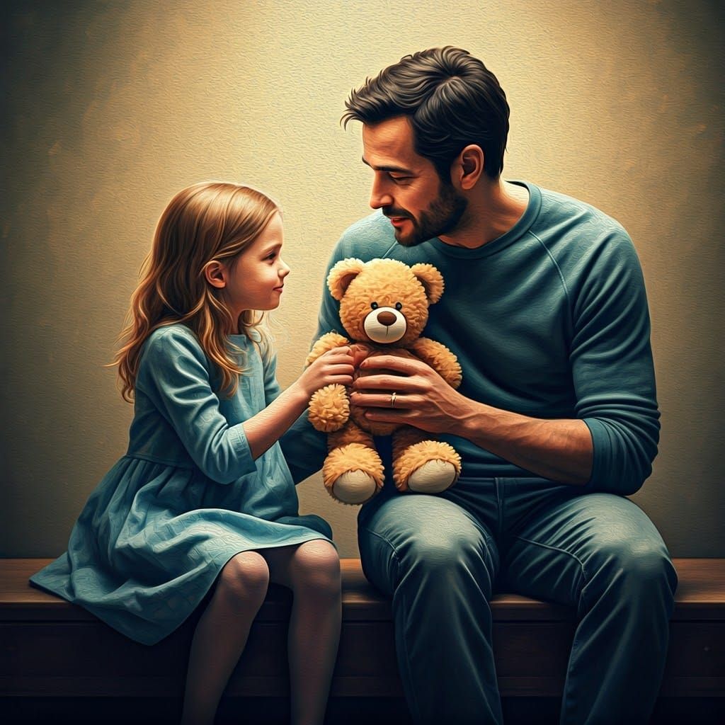 Father and Daughter with Teddy Bear in Oil Painting Style