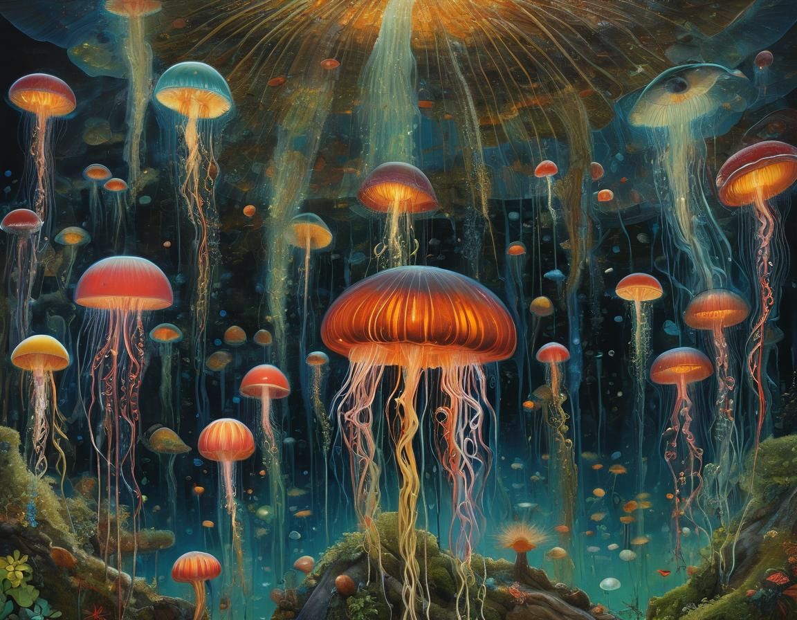 Mystic Jellyfish in Hundertwasser and Bosch Style