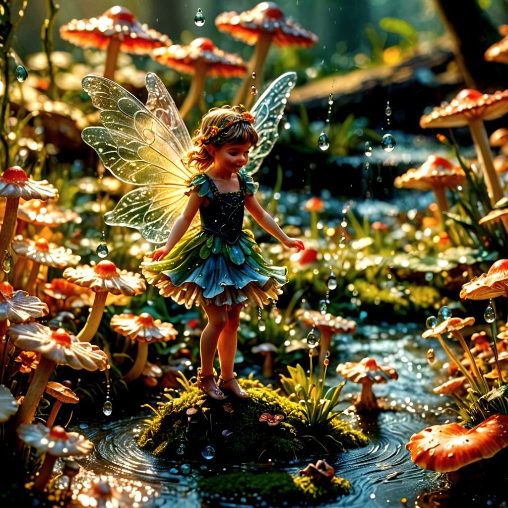 Macro Fairy Dancing on Mushroom in Morning Light
