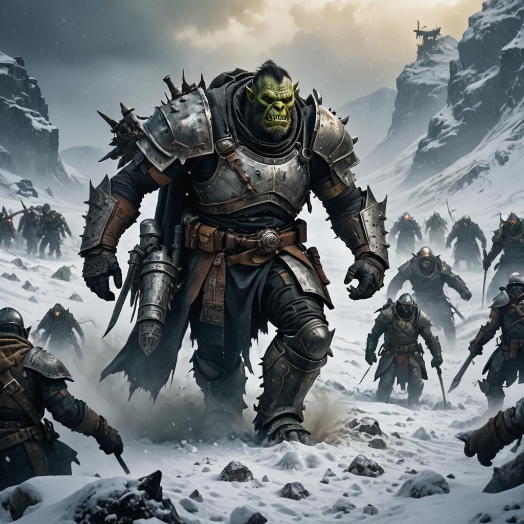 orc knight in the Mad Max universe experiencing a snow catac...