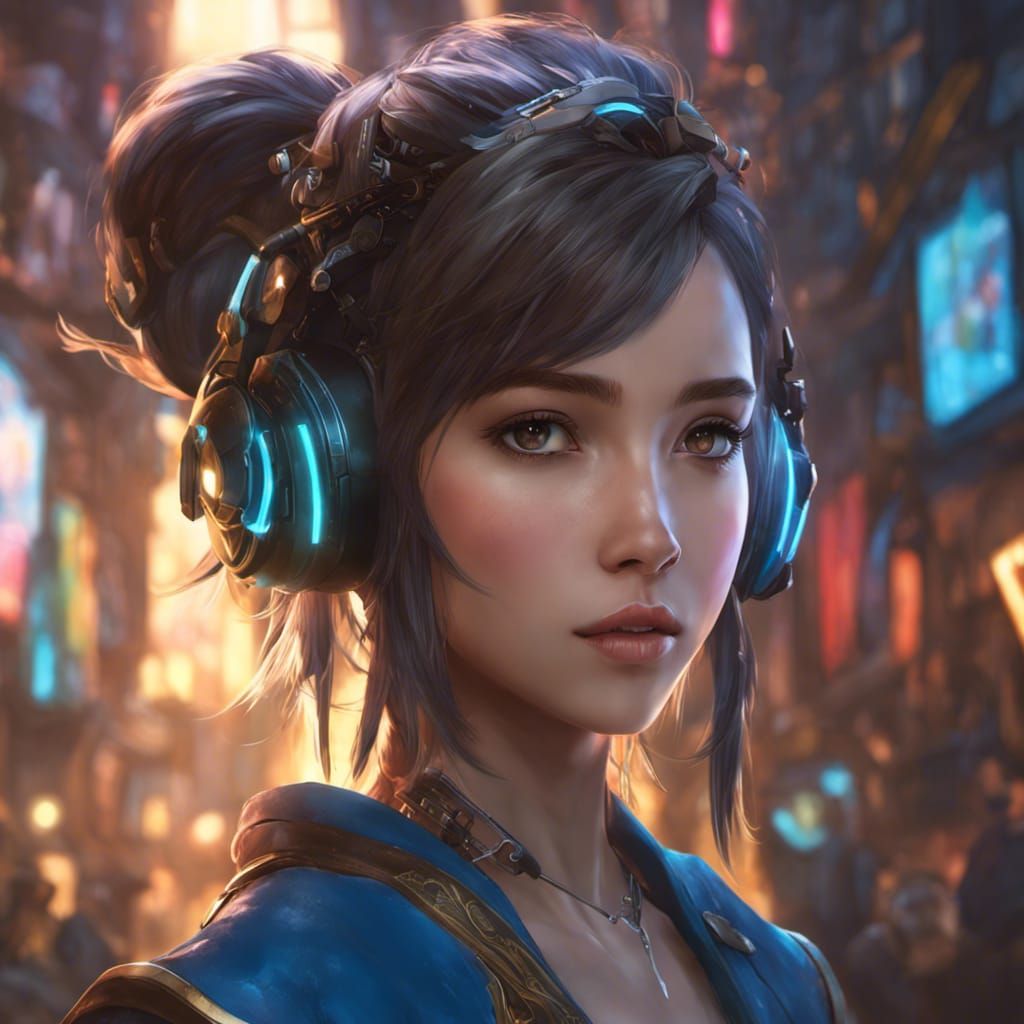 Cyberpunk Woman in Anime Style on Small Planet