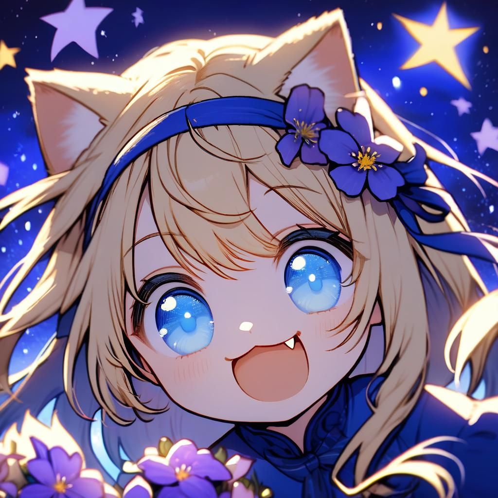 Adorable Chibi Catgirl with Violet Flower Background