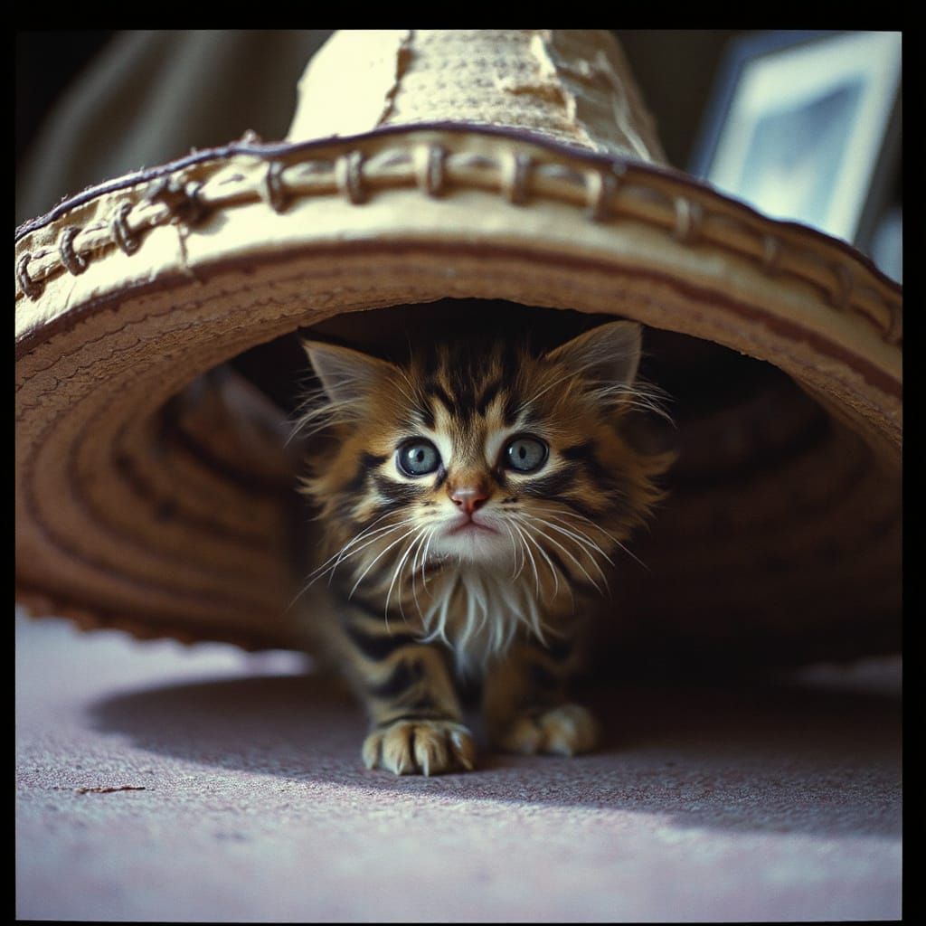 Curious Kitten Under Sombrero in Cinematic Style