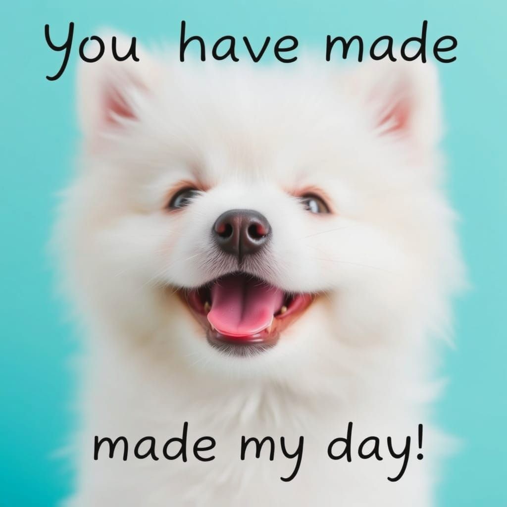 Joyful White Japanese Spitz Puppy in Aqua Setting