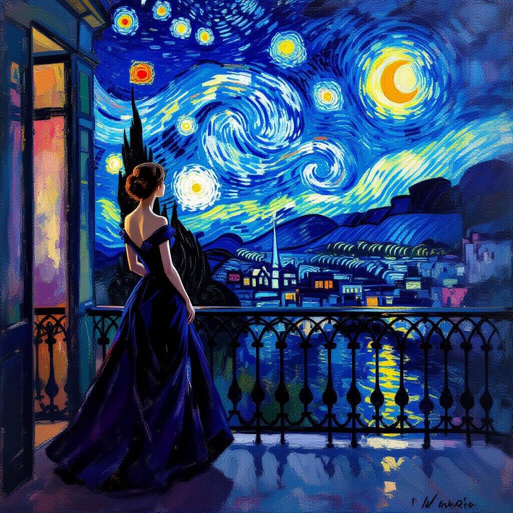 Parisian Woman Gazing at Night Sky: Monet Style