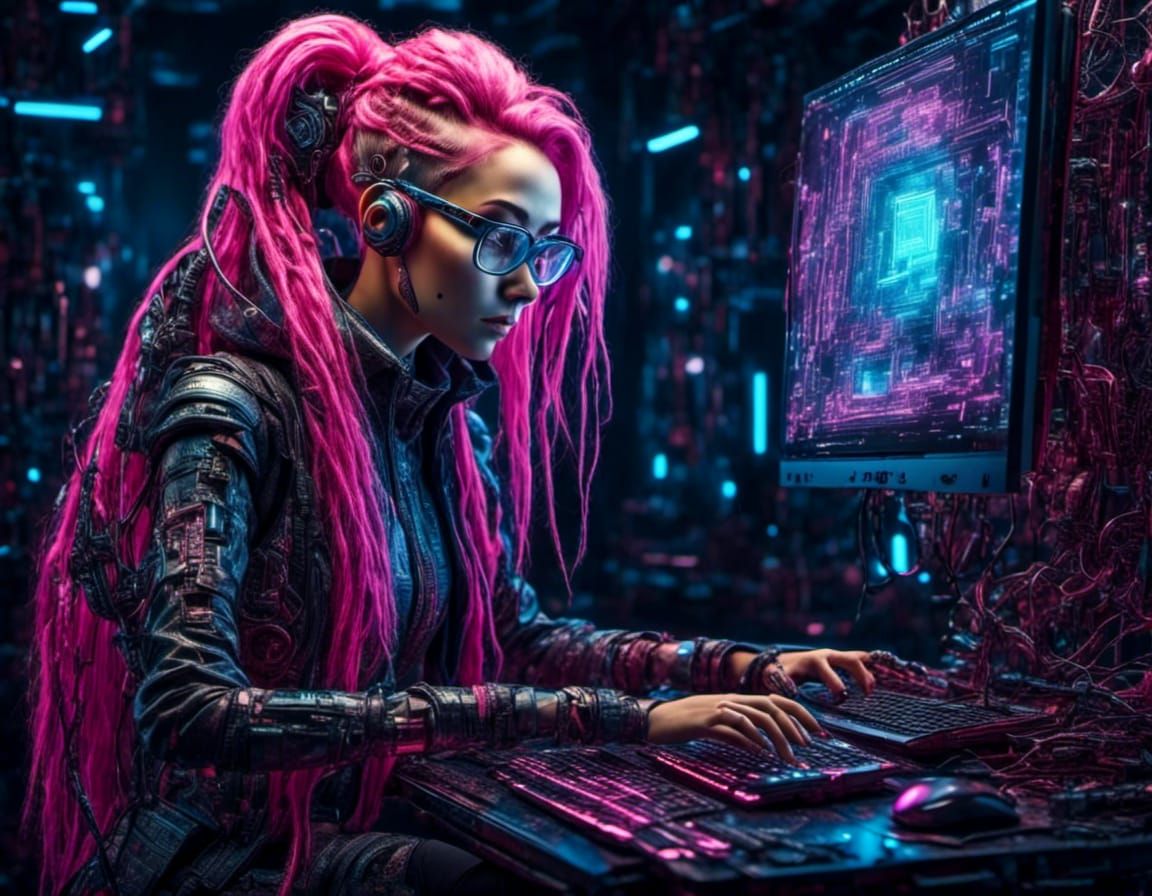 Cyberpunk Woman with Laptop, Reflected Screen