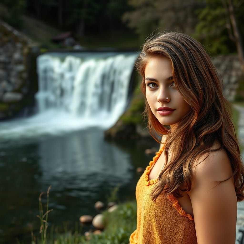 Stunning Young Woman Amidst Majestic Dam