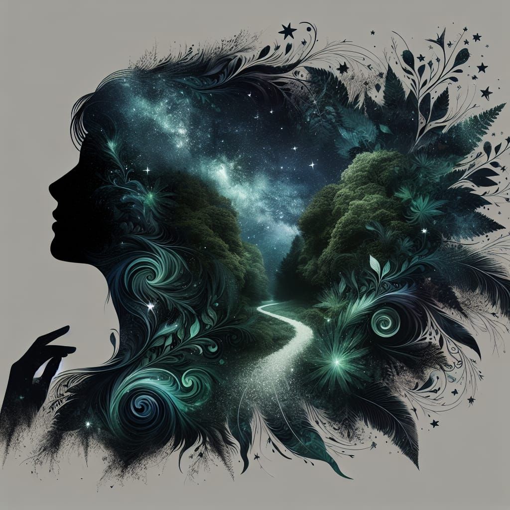 Woman Filled with Starry Forest: Double Exposure Illustratio...