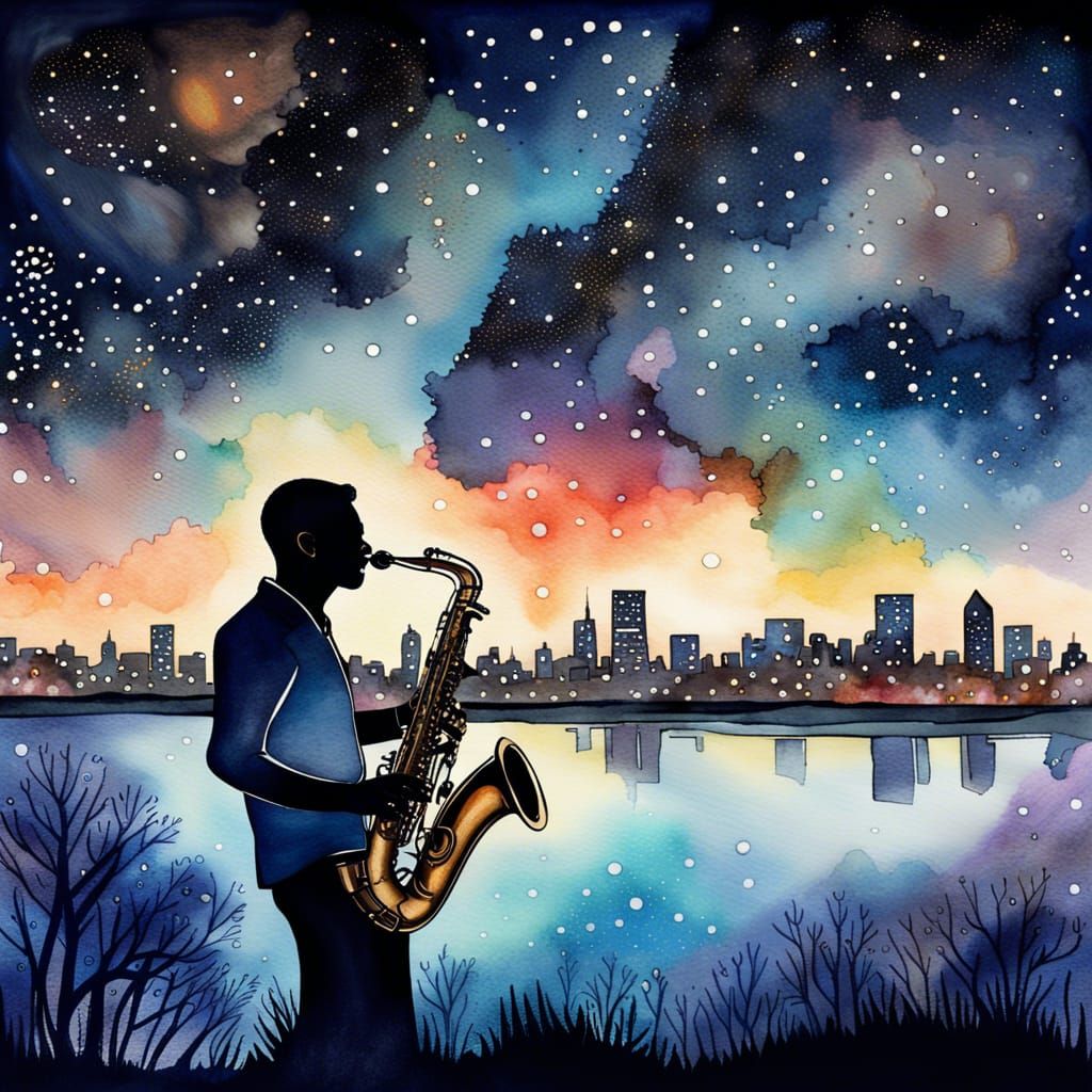 Saxophone Player Under a Starry Night Sky