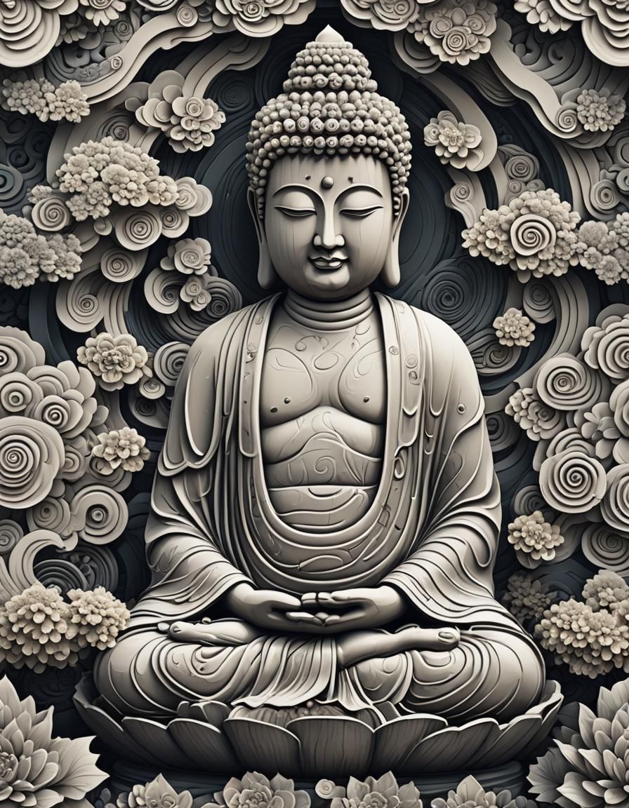 Winter Zen Garden with Stone Buddha Statue