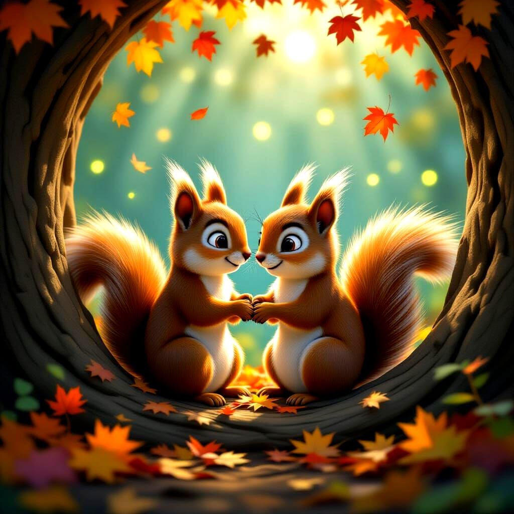 Squirrels Snug in Autumn Tree Hole, 3D Digital Art