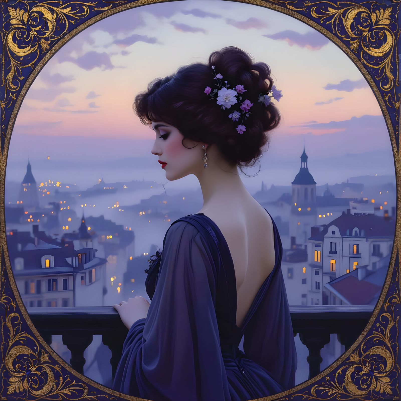 Art Nouveau Woman in Flower Adorned Gown on Balcony